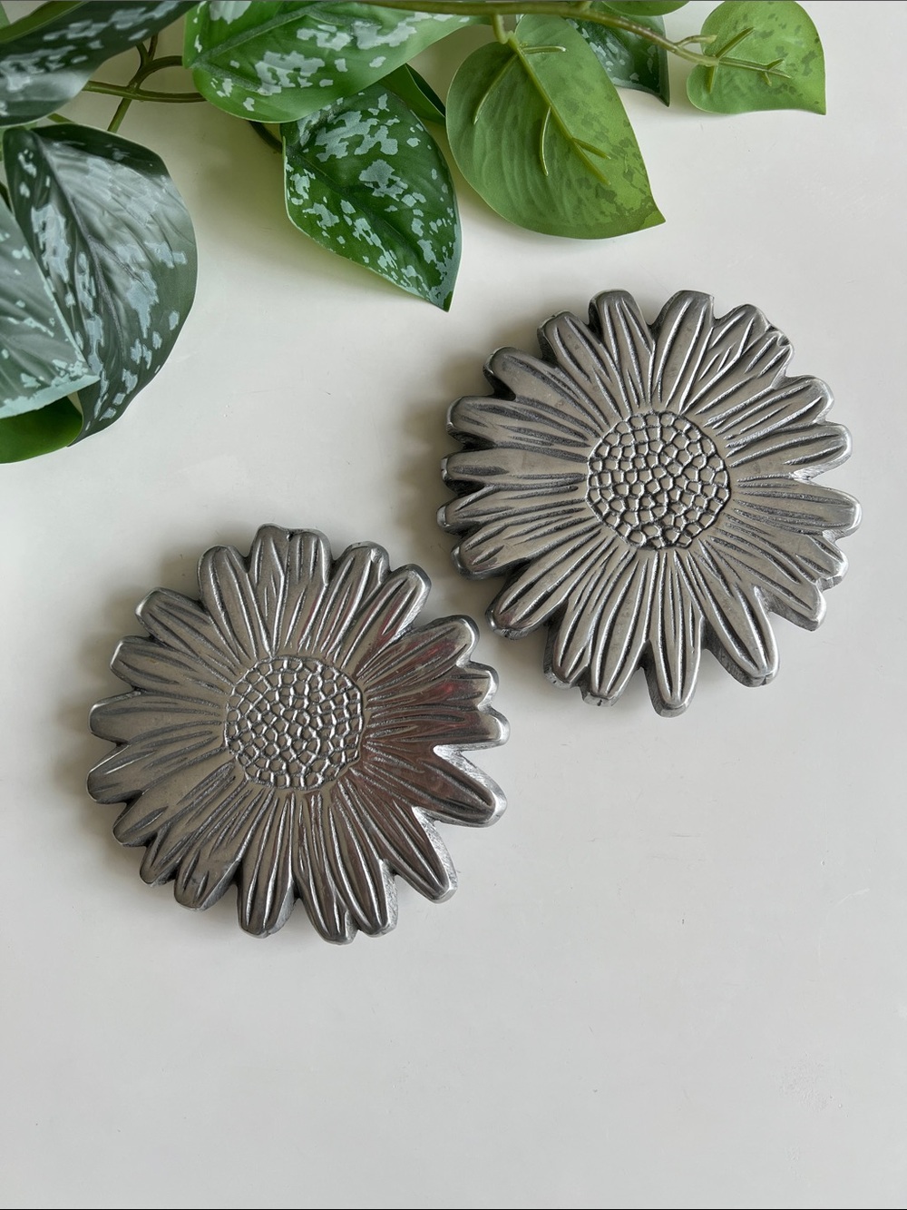 Vintage Silver Aluminum Flower Candle Holder Coaster Trivet Pair Set of 2